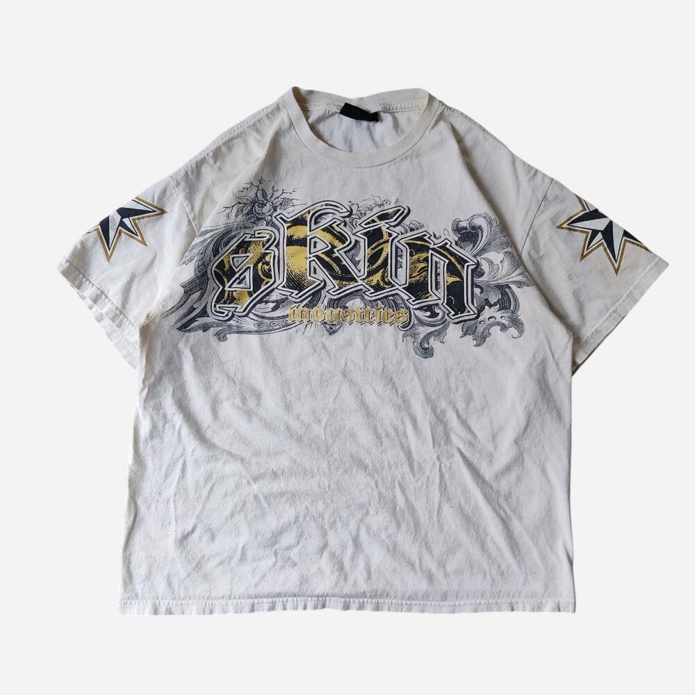 Y2K Vintage Skin Industries cream tee with gold and black graphic featuring styl
